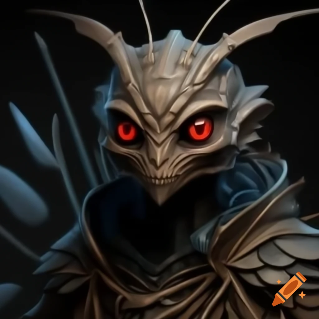 Mothman cryptid character with red eyes and feather antennas in full figure