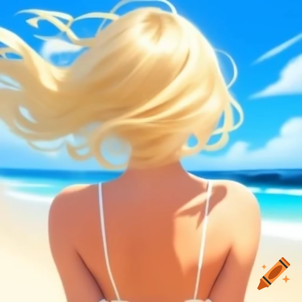 Blonde woman standing on sunny beach