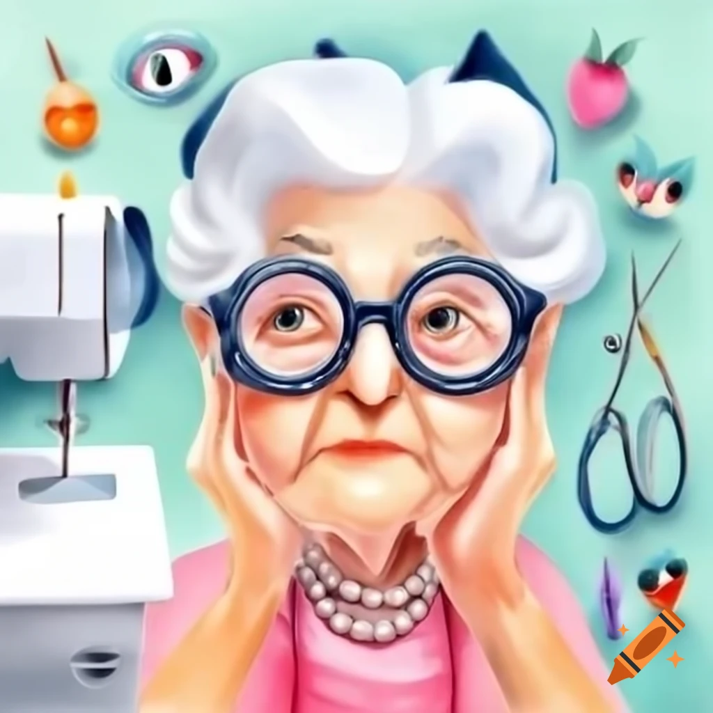 Elderly woman with cat eye glasses at sewing machine, wearing twin set and pearls