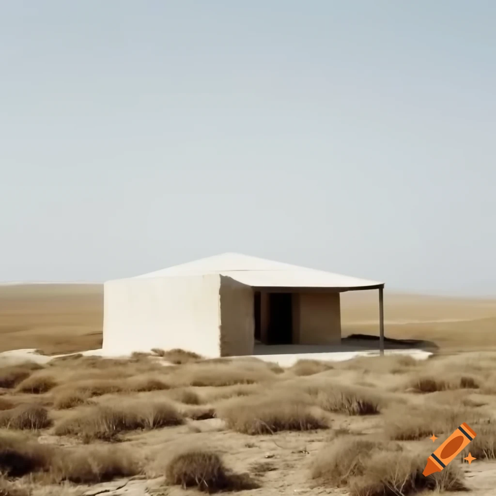 Flat-roofed Greek stone cabin in desolate landscape with sparse vegetation
