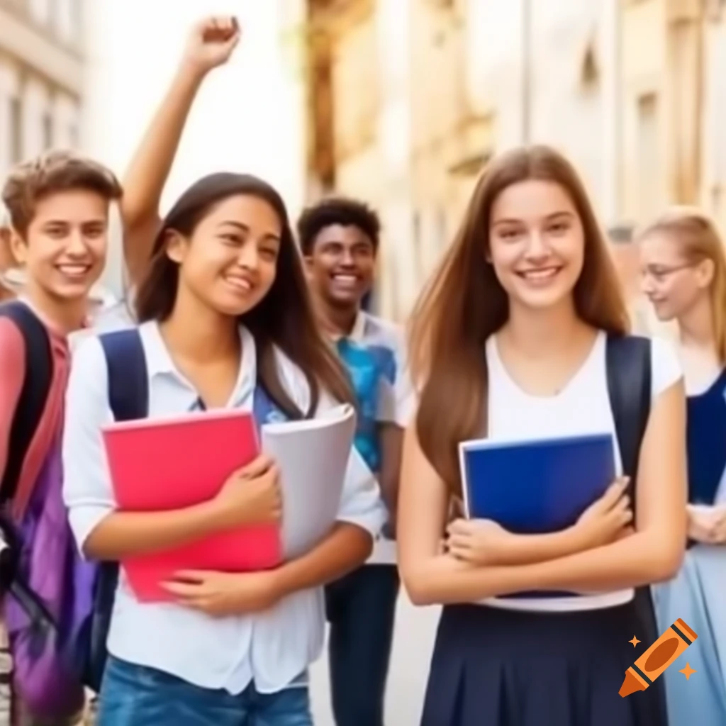 Happy students learning English in a European setting