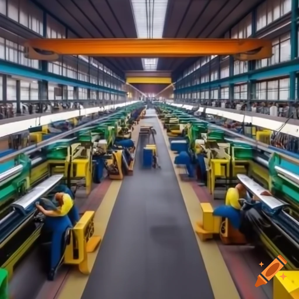 Colorful CMYK printing press factory scene with workers