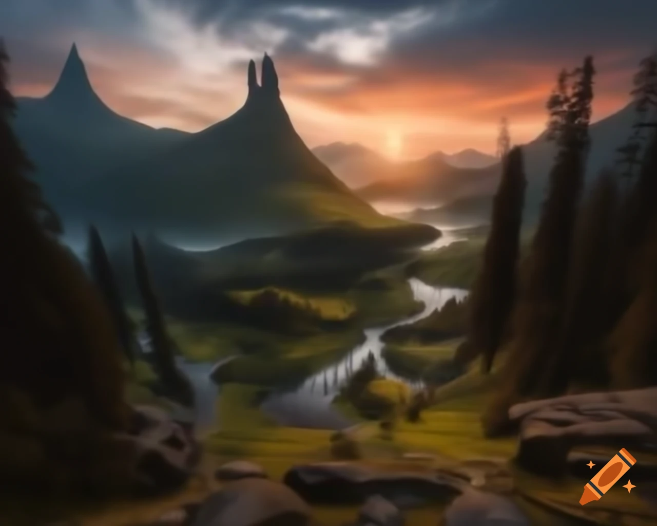 Majestic mountain range towering above a winding river