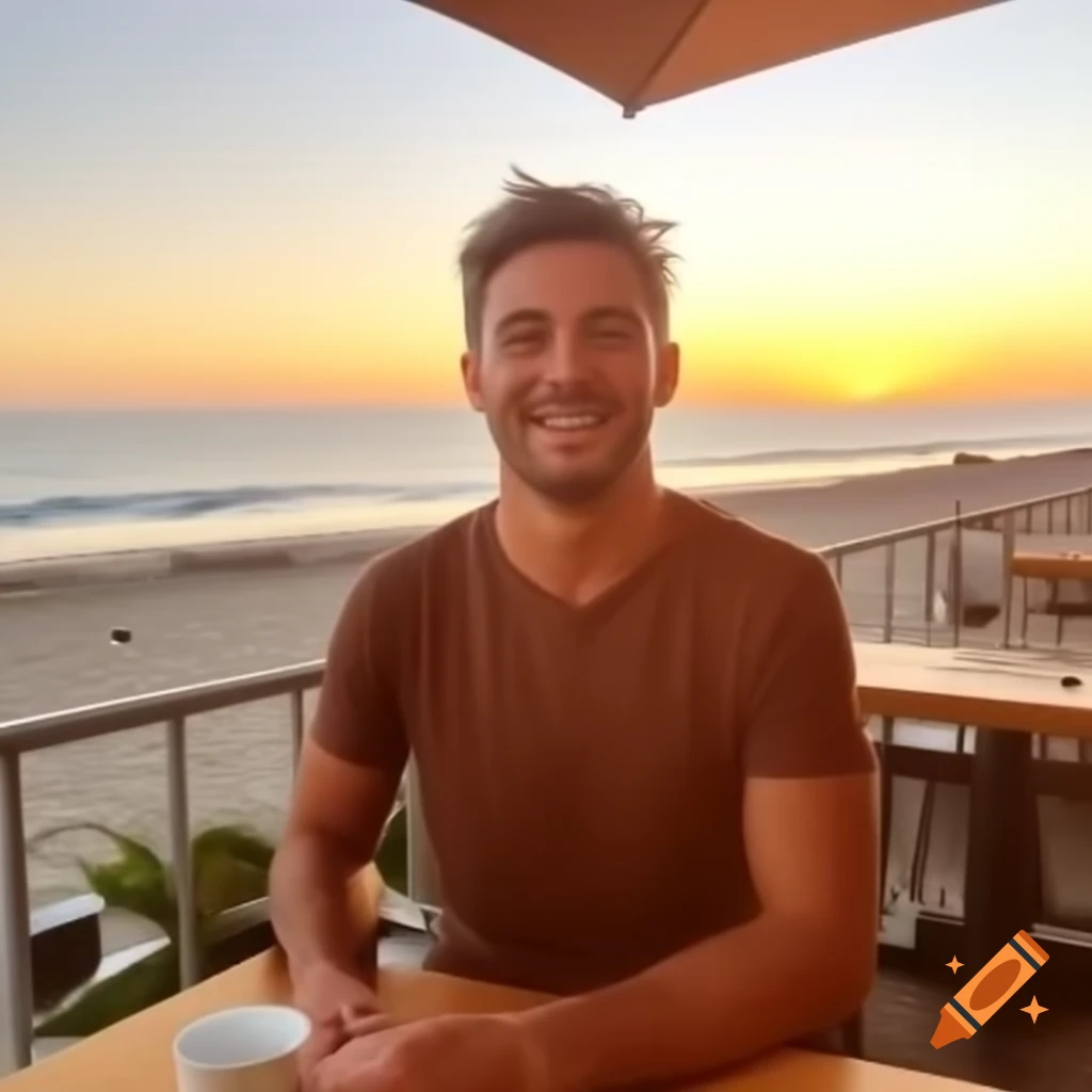 Person smiling while enjoying coffee on terrace at sunset beach