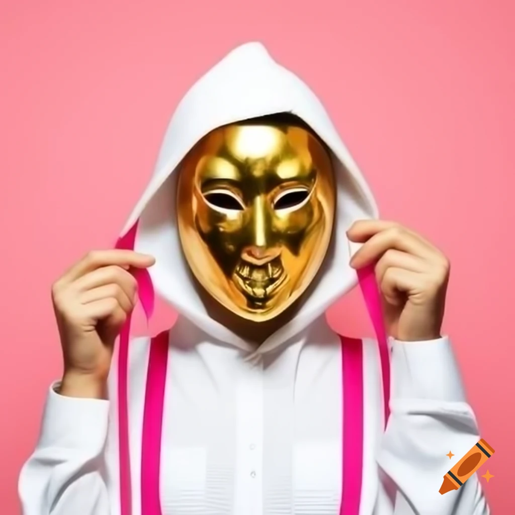 Gold mask and hoodie with white dress shirt held by pink suspenders