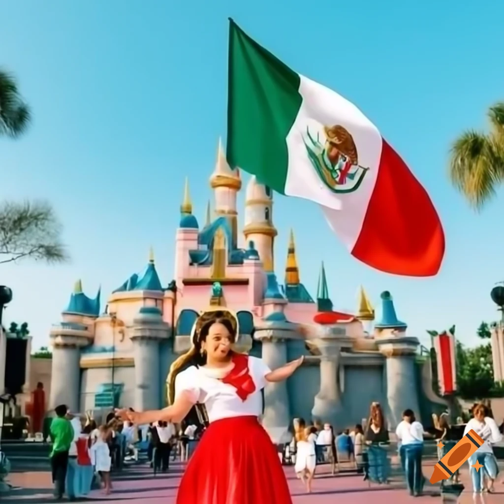 Disneyland scene featuring princess with Mexican flag and cultural elements