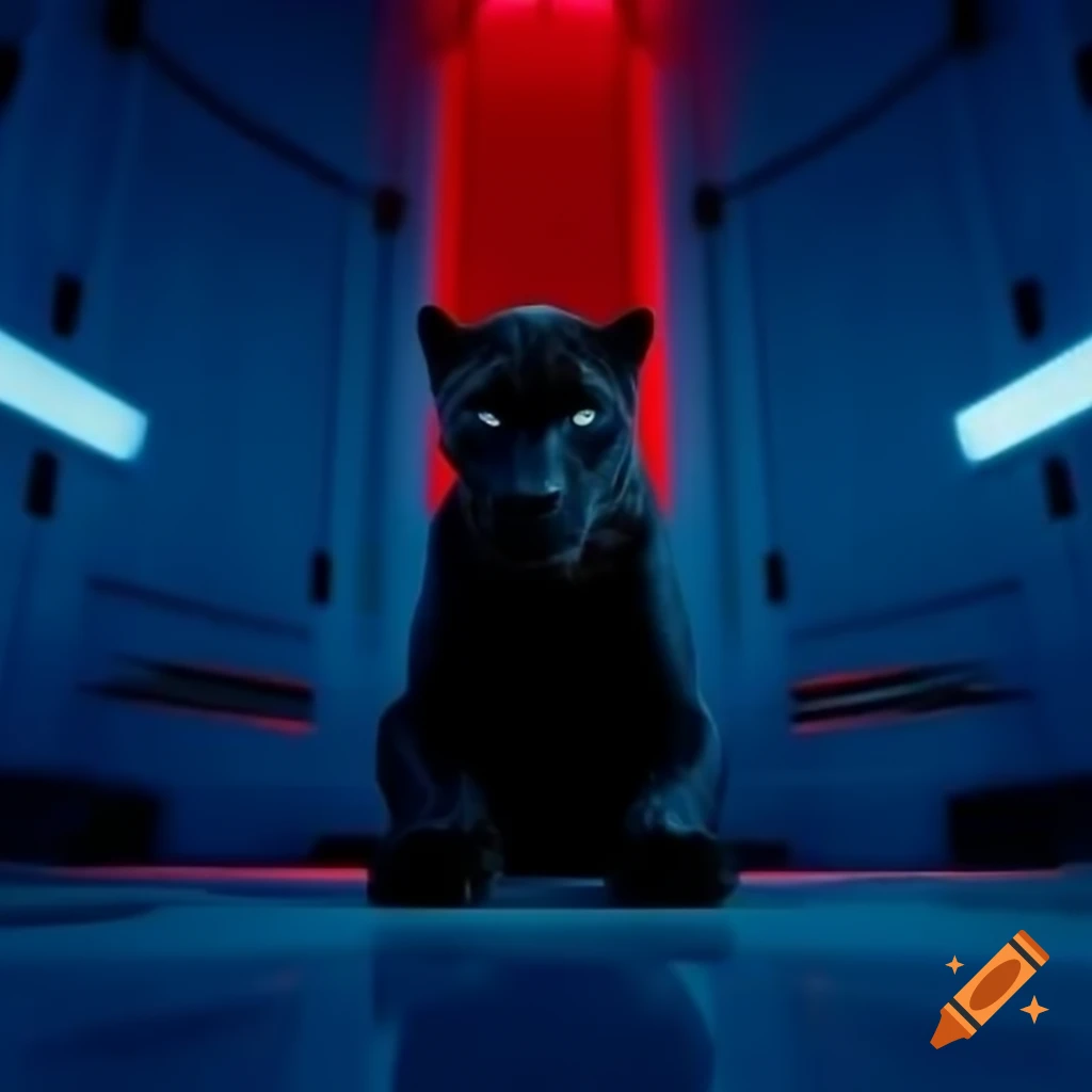 Black panther in futuristic blue room with red lighting