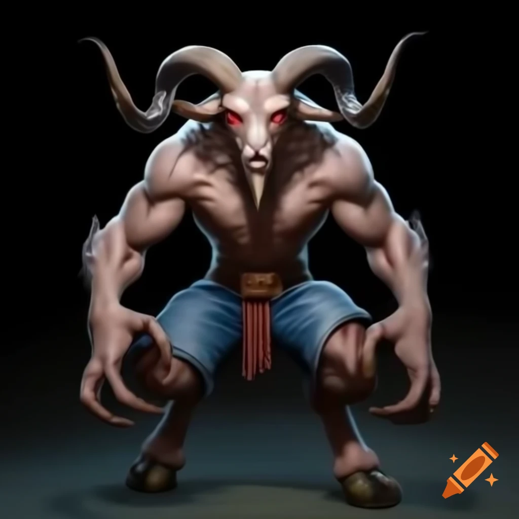 Goat-headed demon with large horns and muscular legs in strong standing posture