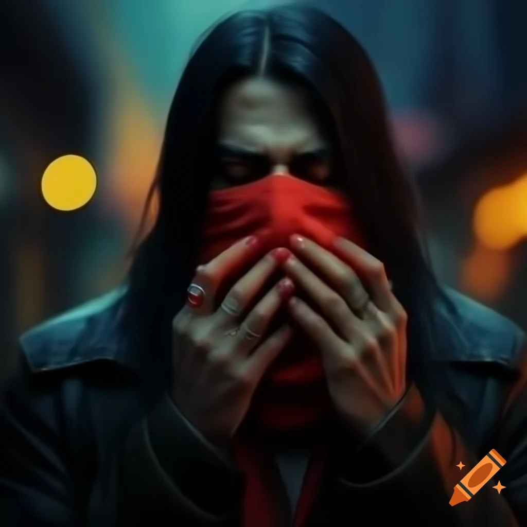 Low angle shot of man with long black hair and red bandana in urban environment