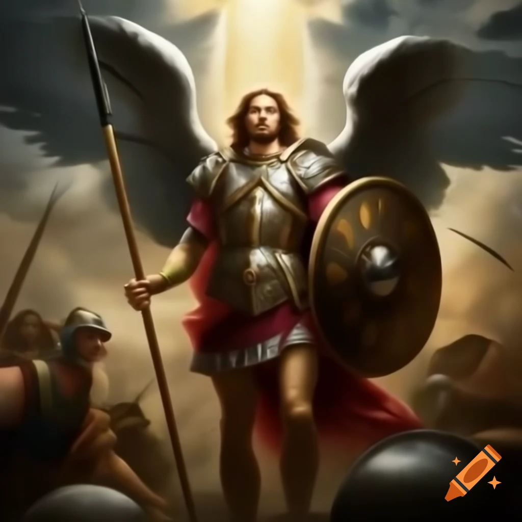 Saint Raphael the Archangel prepared for battle with spear and shield on a battlefield