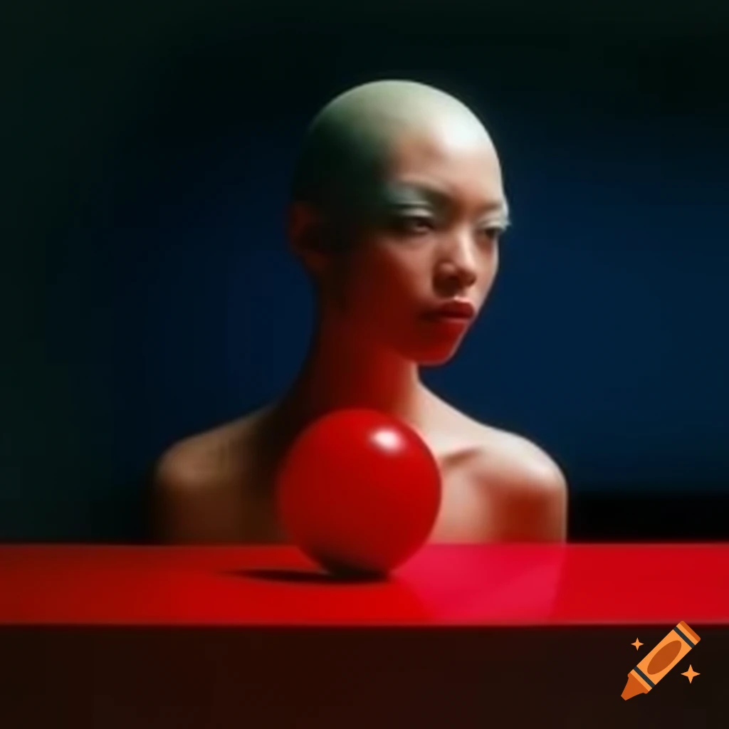 Pop surreal photography featuring a red glass statue