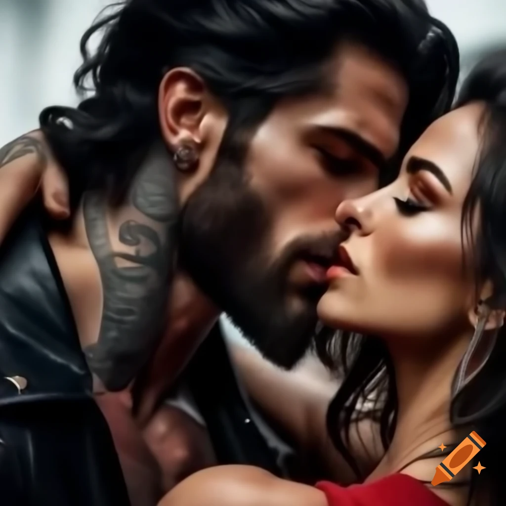 Muscular man with tattoos and a black jacket kissing a beautiful woman