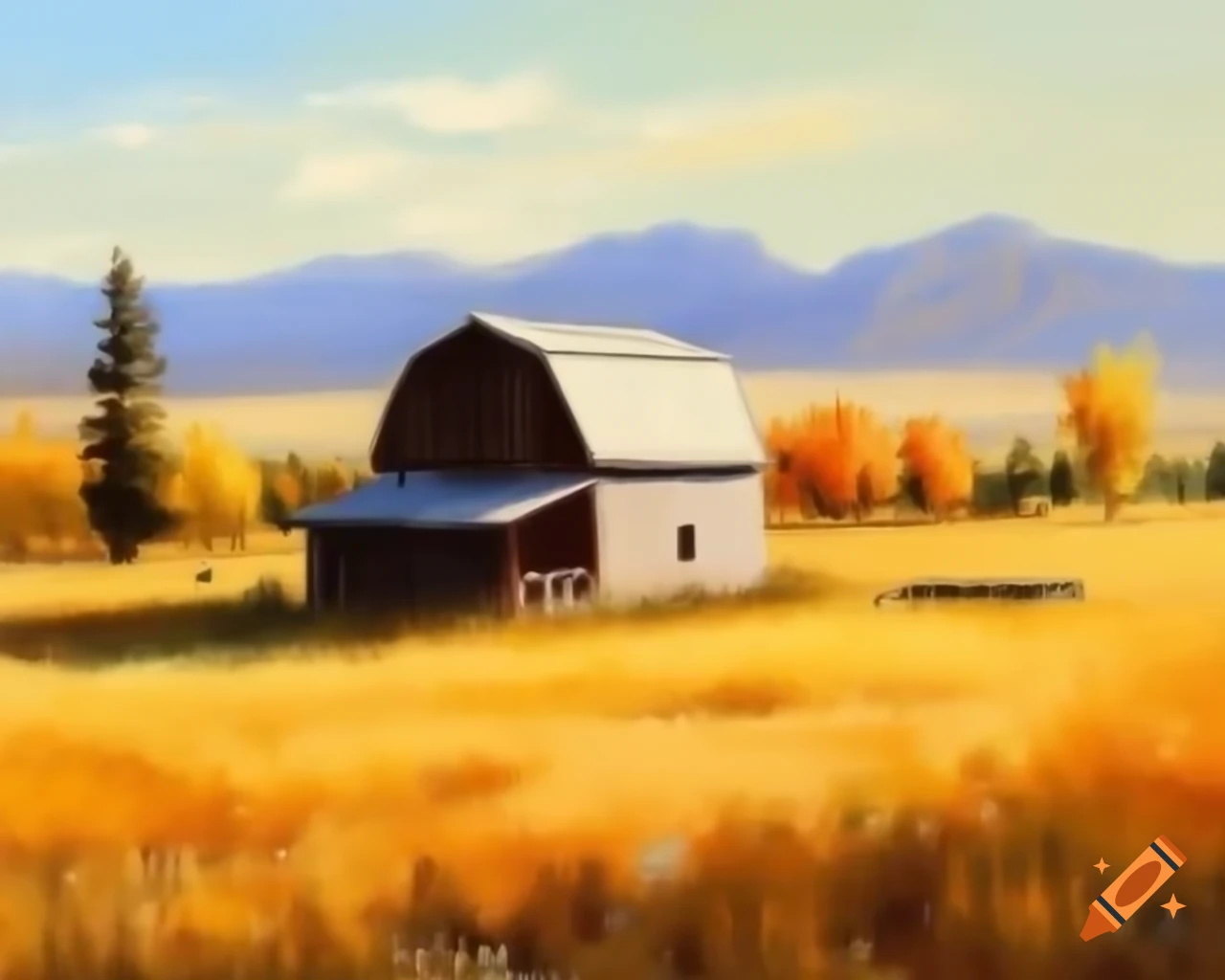 Small barn in Colorado meadow during fall, Edgar Payne style with desaturated colors