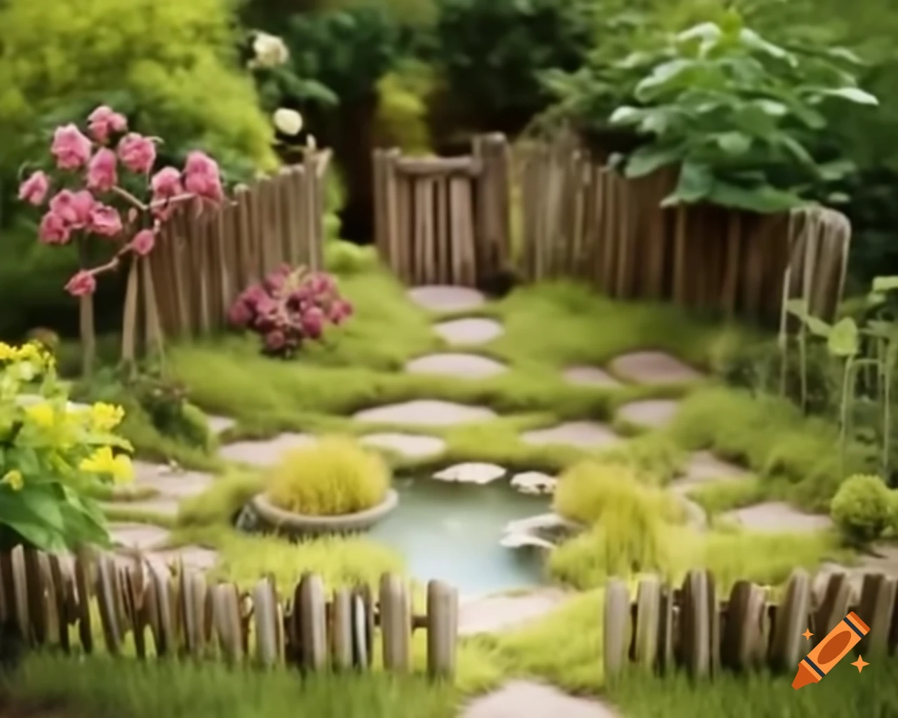 Miniature garden with vibrant blooms and tiny fish in weathered well