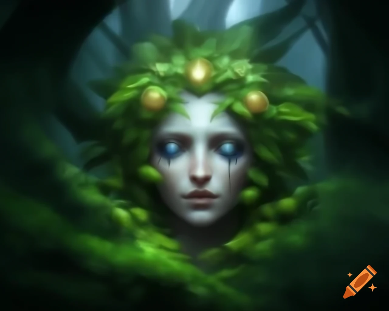 Powerful goddess of the wild in lush forest setting on craiyon