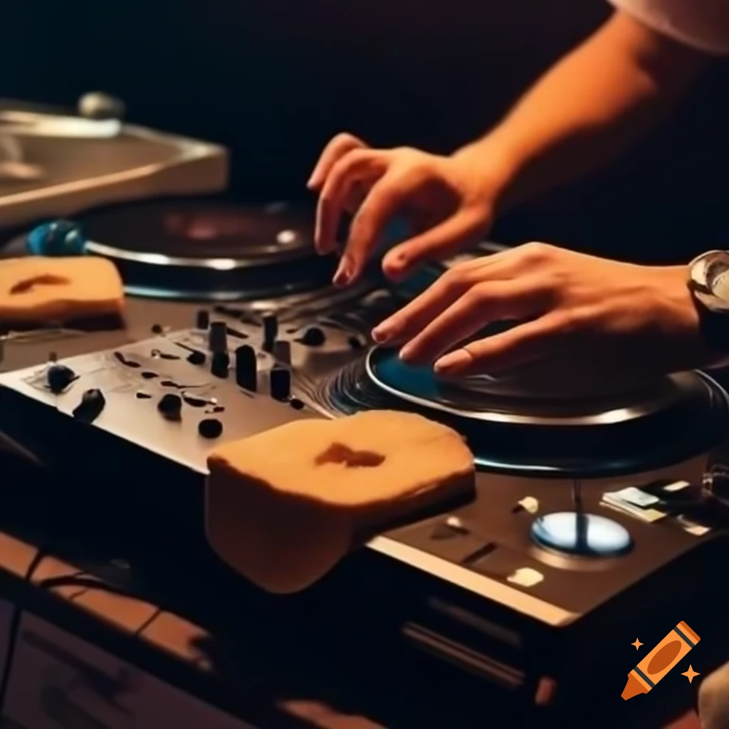 DJ mixing music while making sandwiches