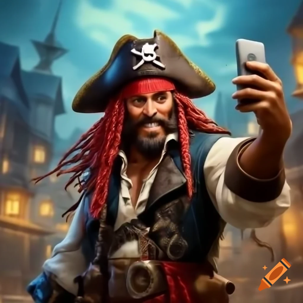 Pirate posing for selfie with a playful expression
