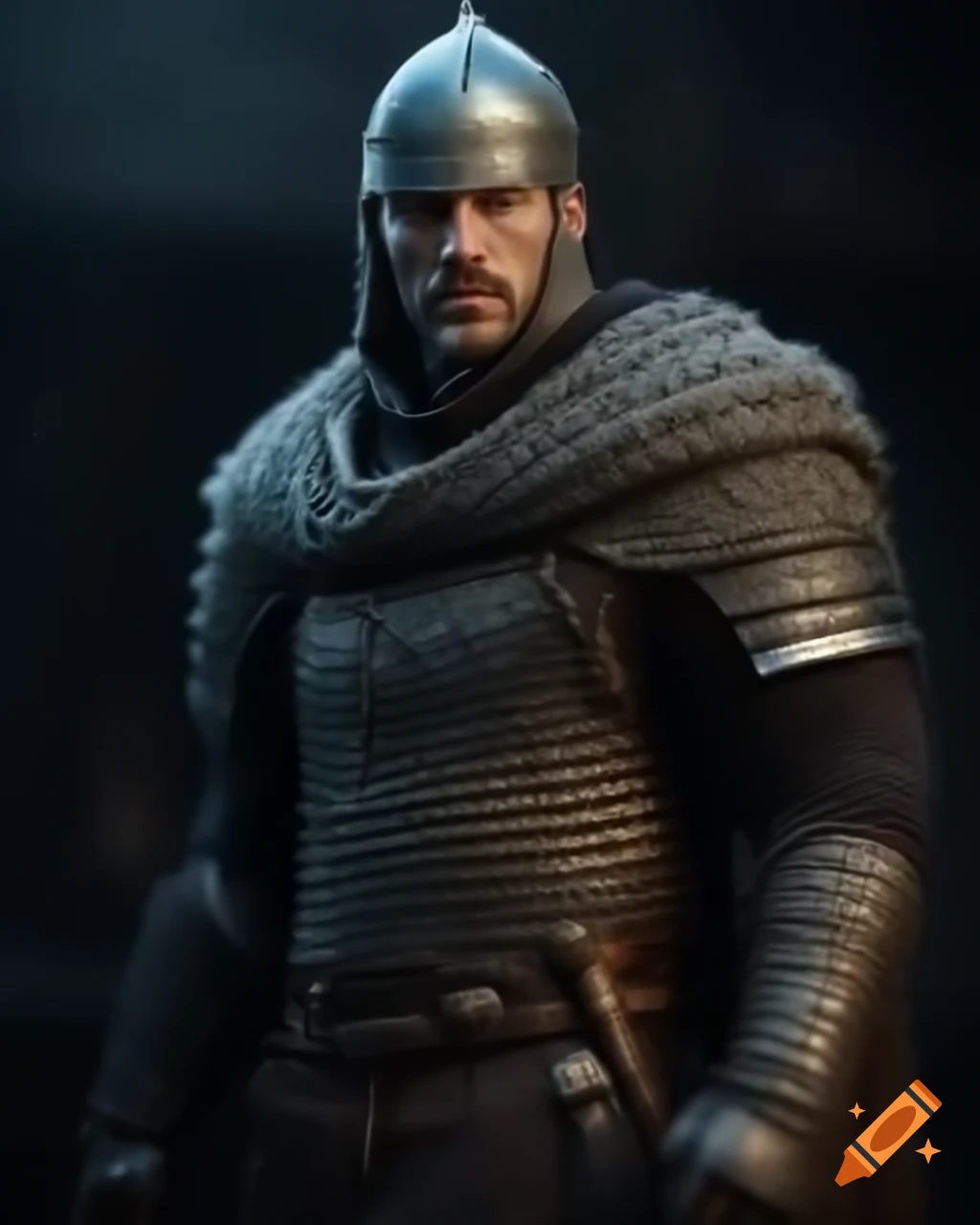 Fantasy warrior in chainmail armor and helmet standing strong