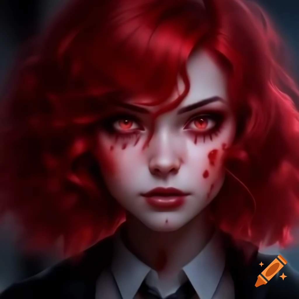 Evil female anime student with red curly hair and black clothes