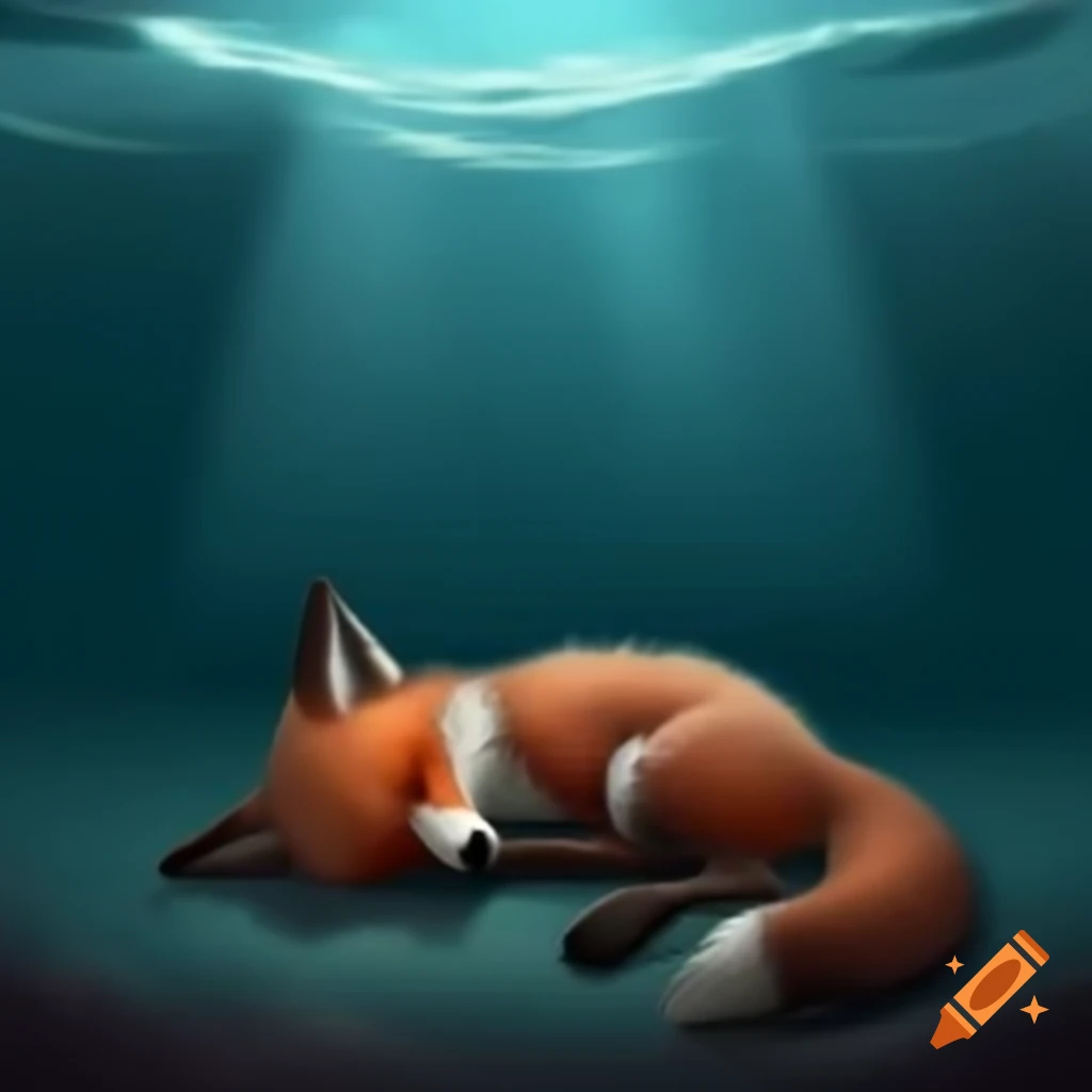 Anthropomorphic furry fox lying underwater, conveying sadness