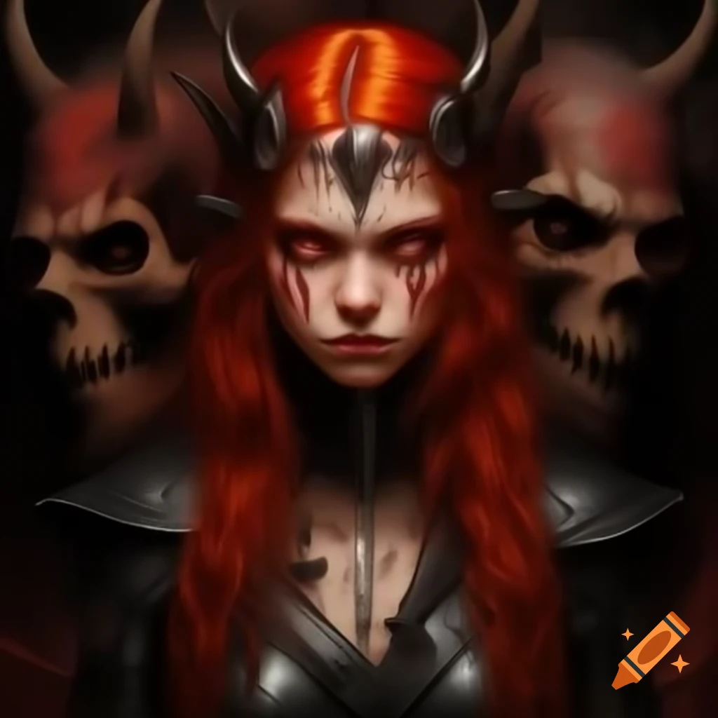 Heavy metal album cover featuring girl with red hair and demons