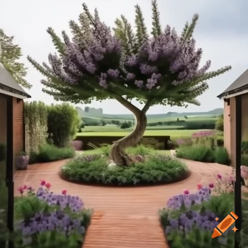Garden with circular brick path, lilac tree, violets, and tulips near old grey farmhouse