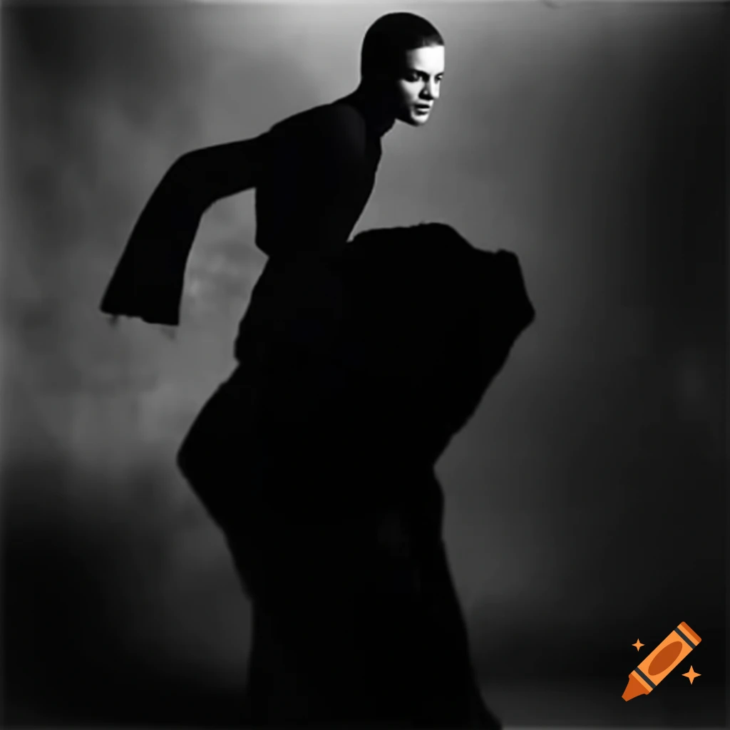 Balenciaga model showcasing dark-themed clothing in a distant shot