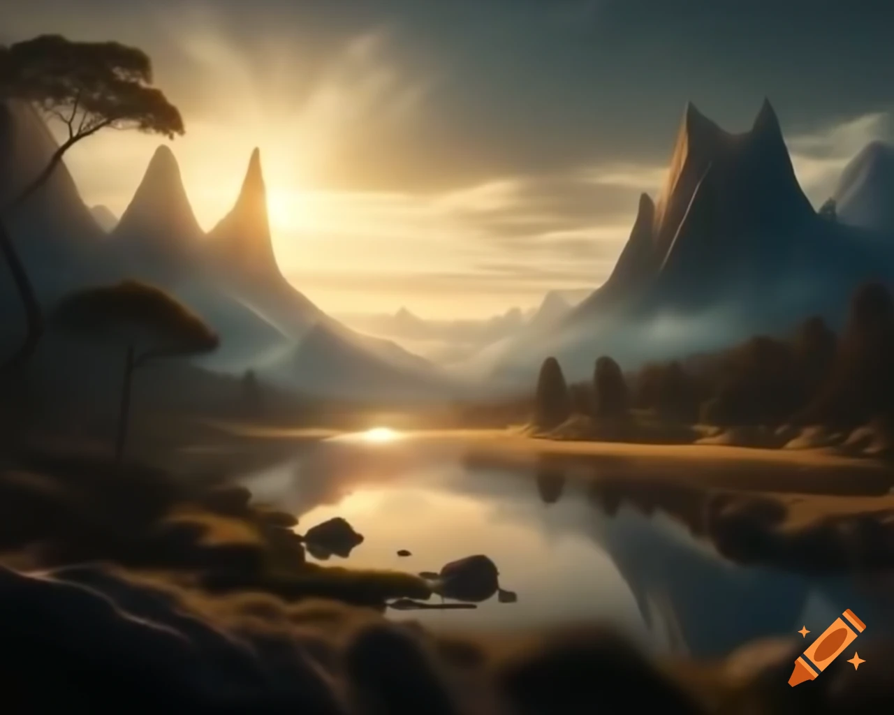 Breathtaking mountain range with rivers and lush trees in ancient land