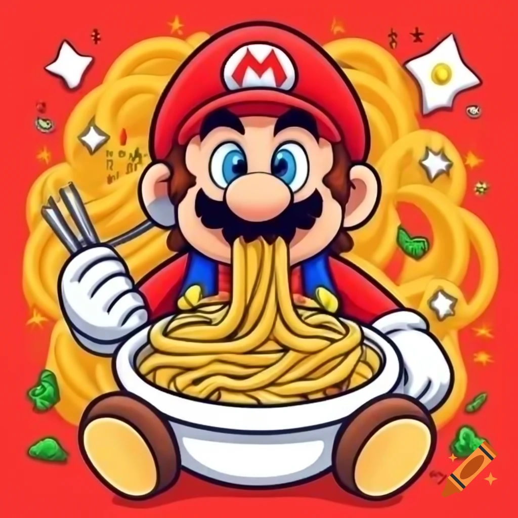 Mario enjoying a plate of spaghetti