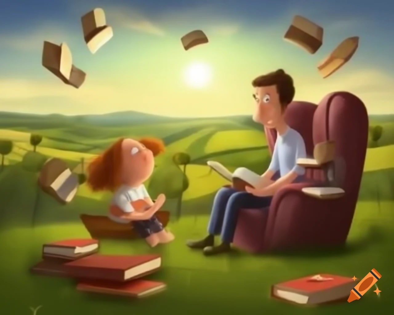 Levitating books and child with counselor in sunny pastoral scene