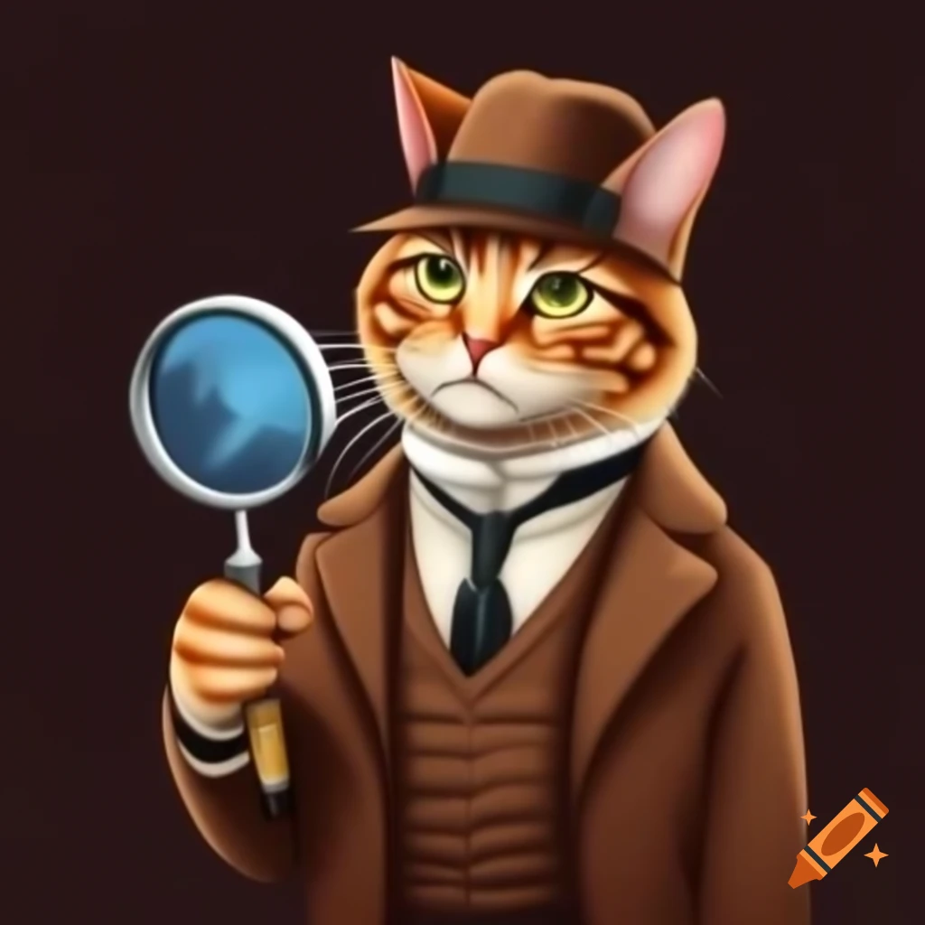 Feline detective in Sherlock Holmes attire with magnifying glass