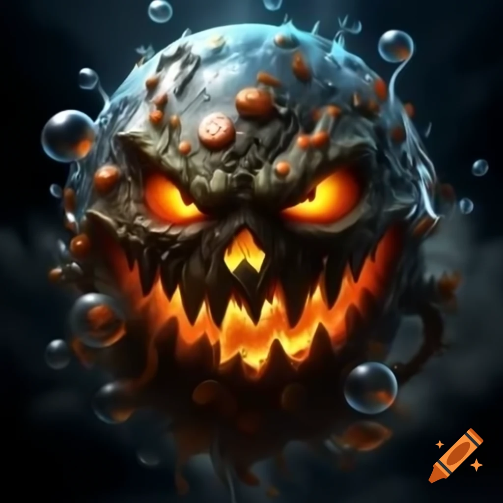 Hyper realistic fantasy monster bubble with glowing eyes and Jack O' Lantern mouth