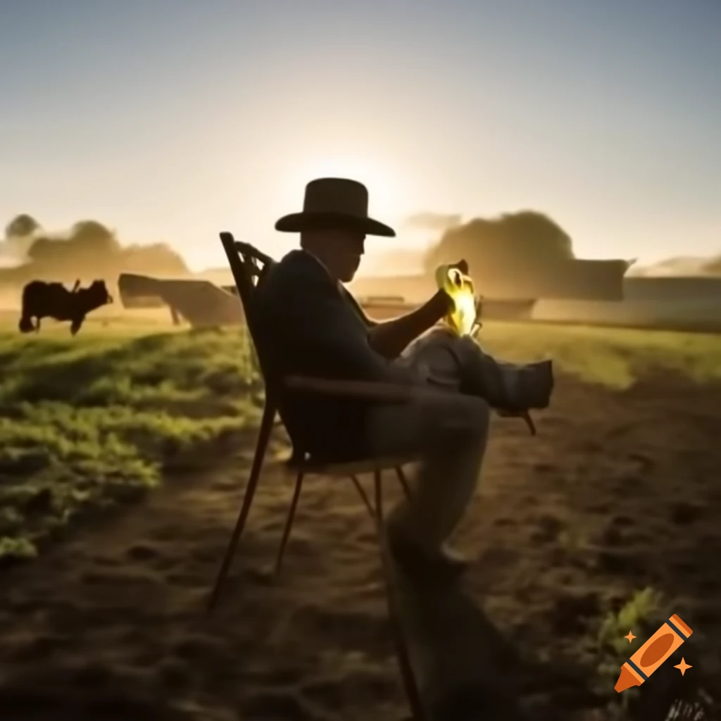 Man sitting in chair on farmland enjoying sunset with goats and beer