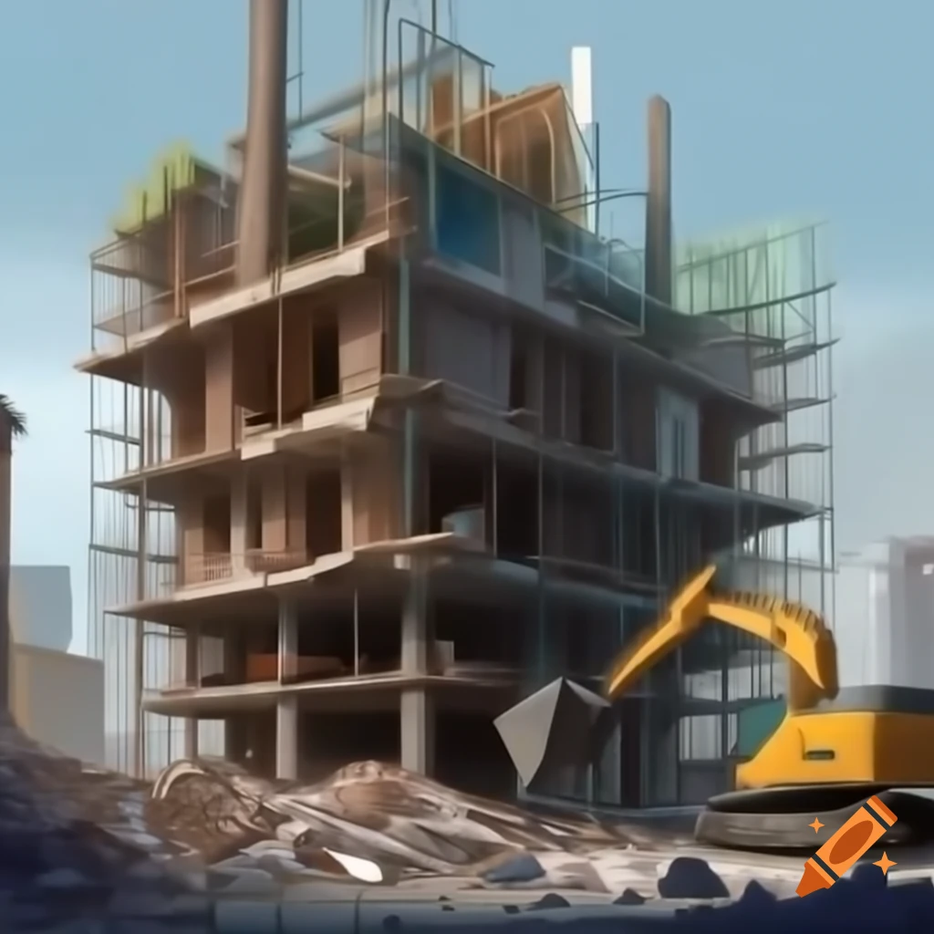 Mixed media depiction of construction site with building demolition and excavator