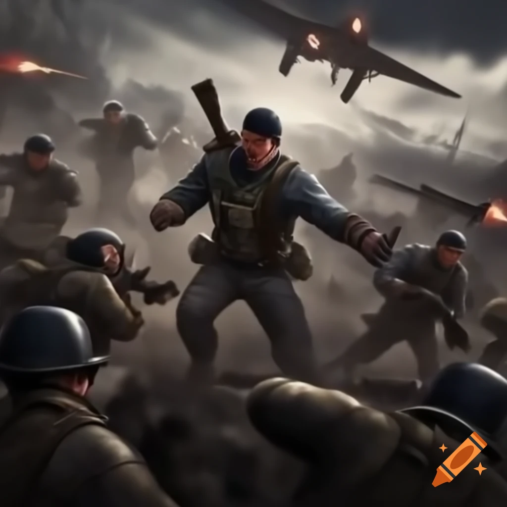 Soldiers engaged in chaotic modern battle scene