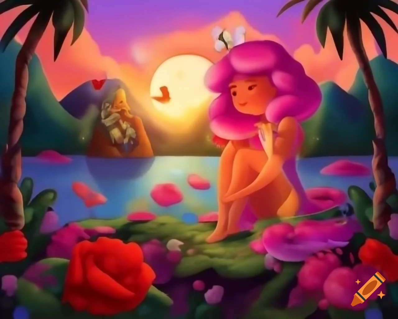 beautiful-woman-with-surreal-wig-made-of-vibrant-objects-in-sunset
