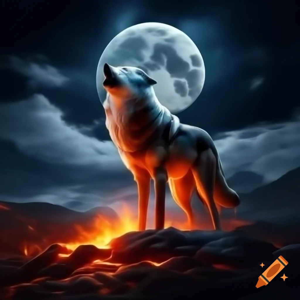 Wolf standing under full moon with lava on the ground
