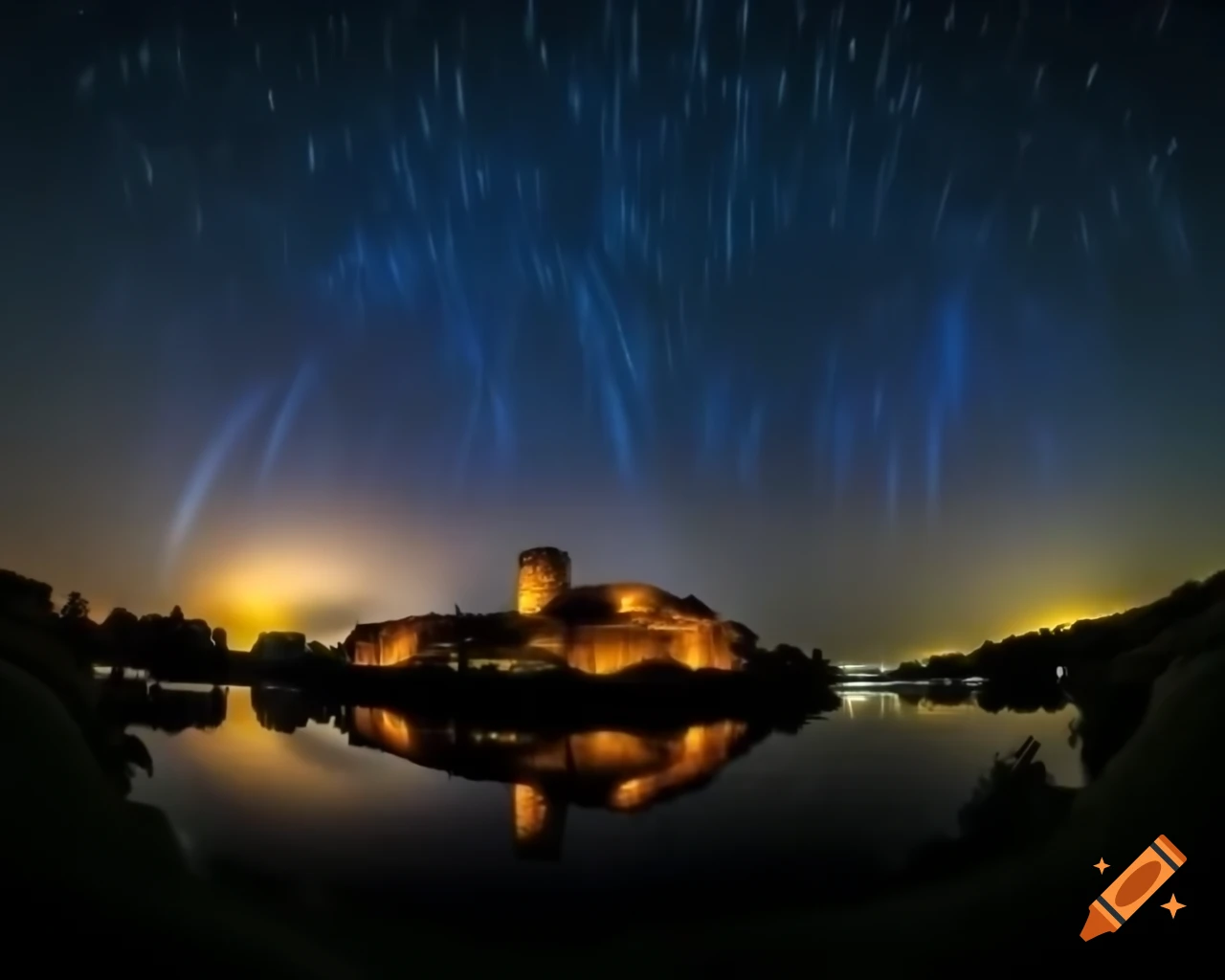 Silhouette of Näsinneula and Olavinlinna fortress with reflections