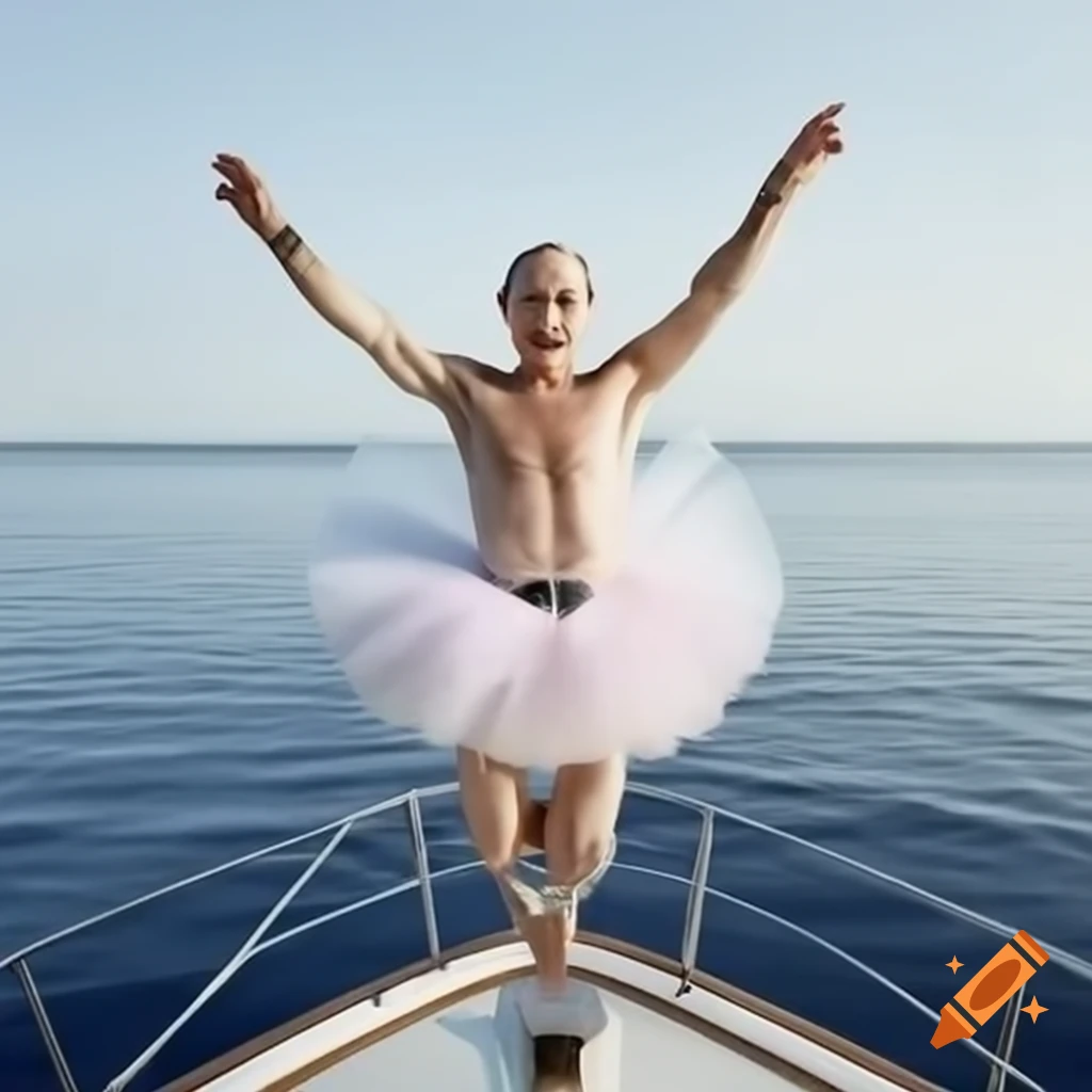 Comical portrait of adult man in tutu on yacht, performing jumping jacks
