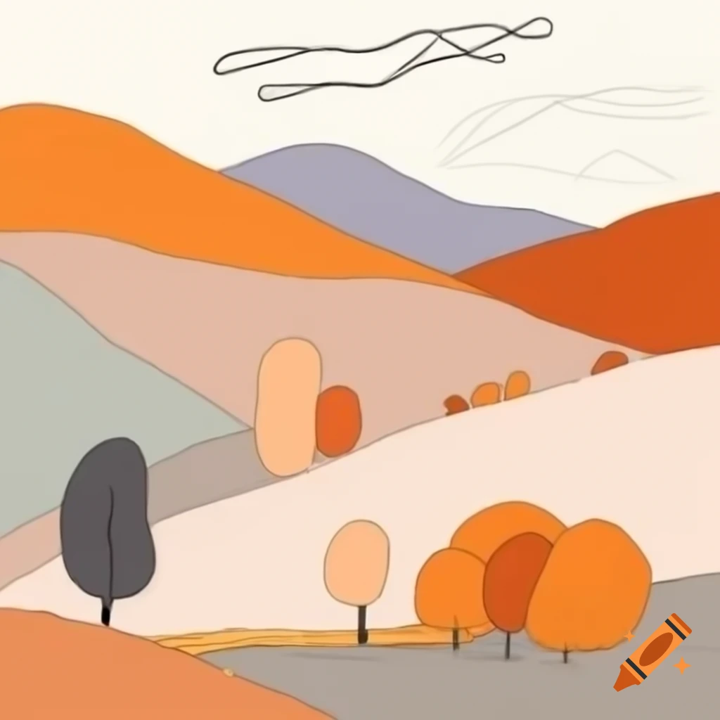 Minimalist sketchy fall landscape with charcoal outlines and vibrant colors