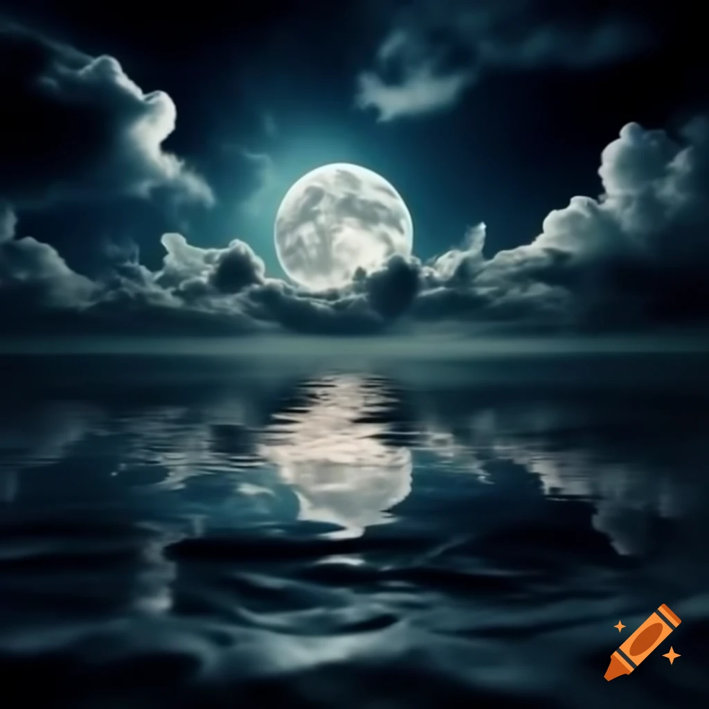 Full moon shining through clouds with reflection on the sea