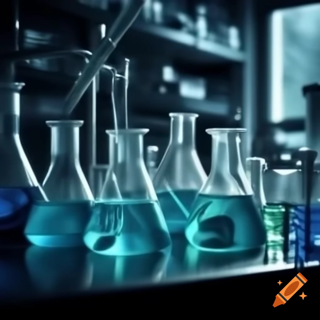 Complex chemistry laboratory filled with glass flasks and equipment
