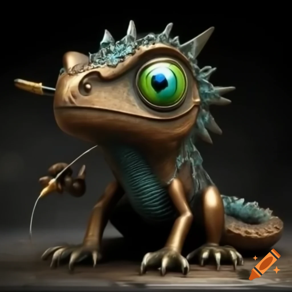 Bronze scrap metal thrinaxodon sculpture with gold soldering and blue-green eyes