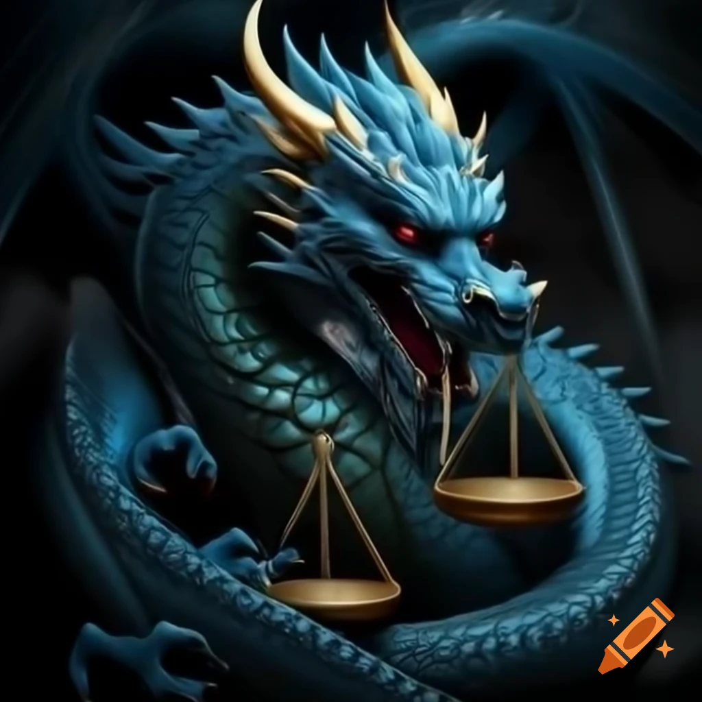 Chinese-style dragon with blue scales and gold spikes holding Libra scales