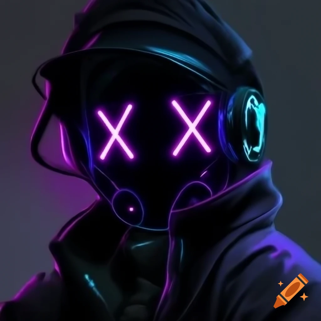 Cyberpunk robot wearing black neon mask with unique eye shapes in tech wear