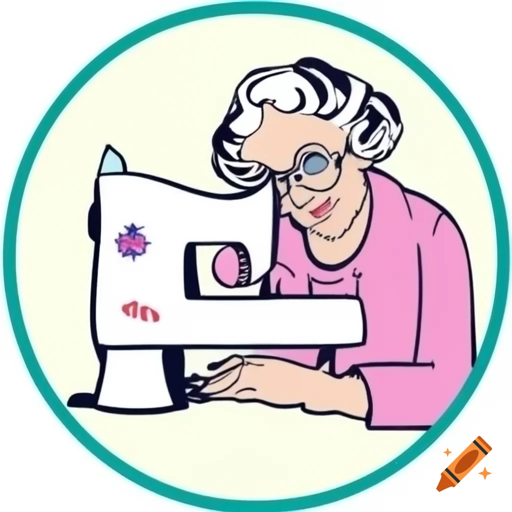 Elderly woman at sewing machine wearing spectacles and pearls with auntie-social logo