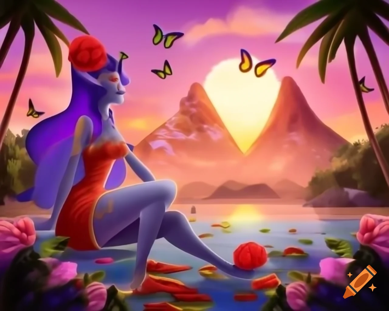 Beautiful woman with surreal wig made of vibrant objects in sunset light