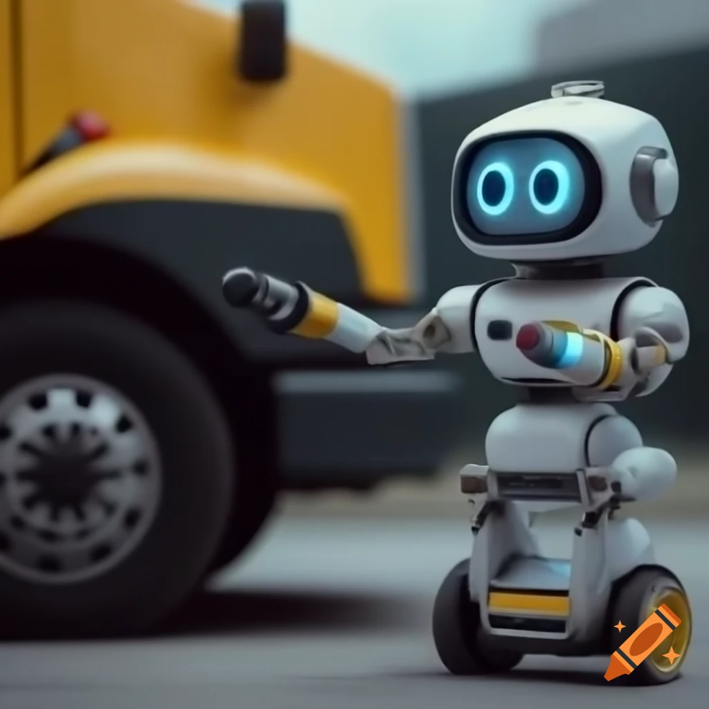 Small robot being towed by yellow truck