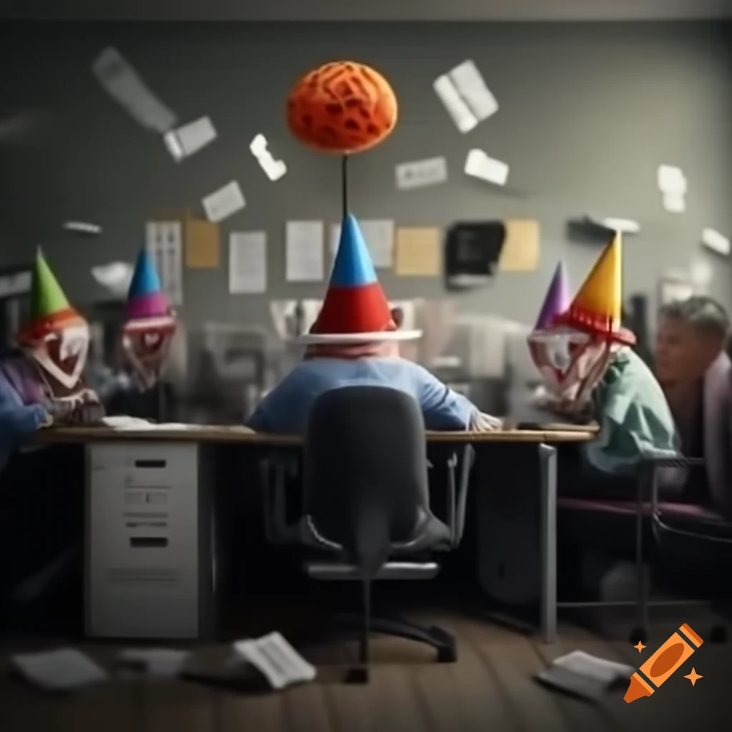 Cheerful office employees wearing clown hats juggling and racing on wheelchairs