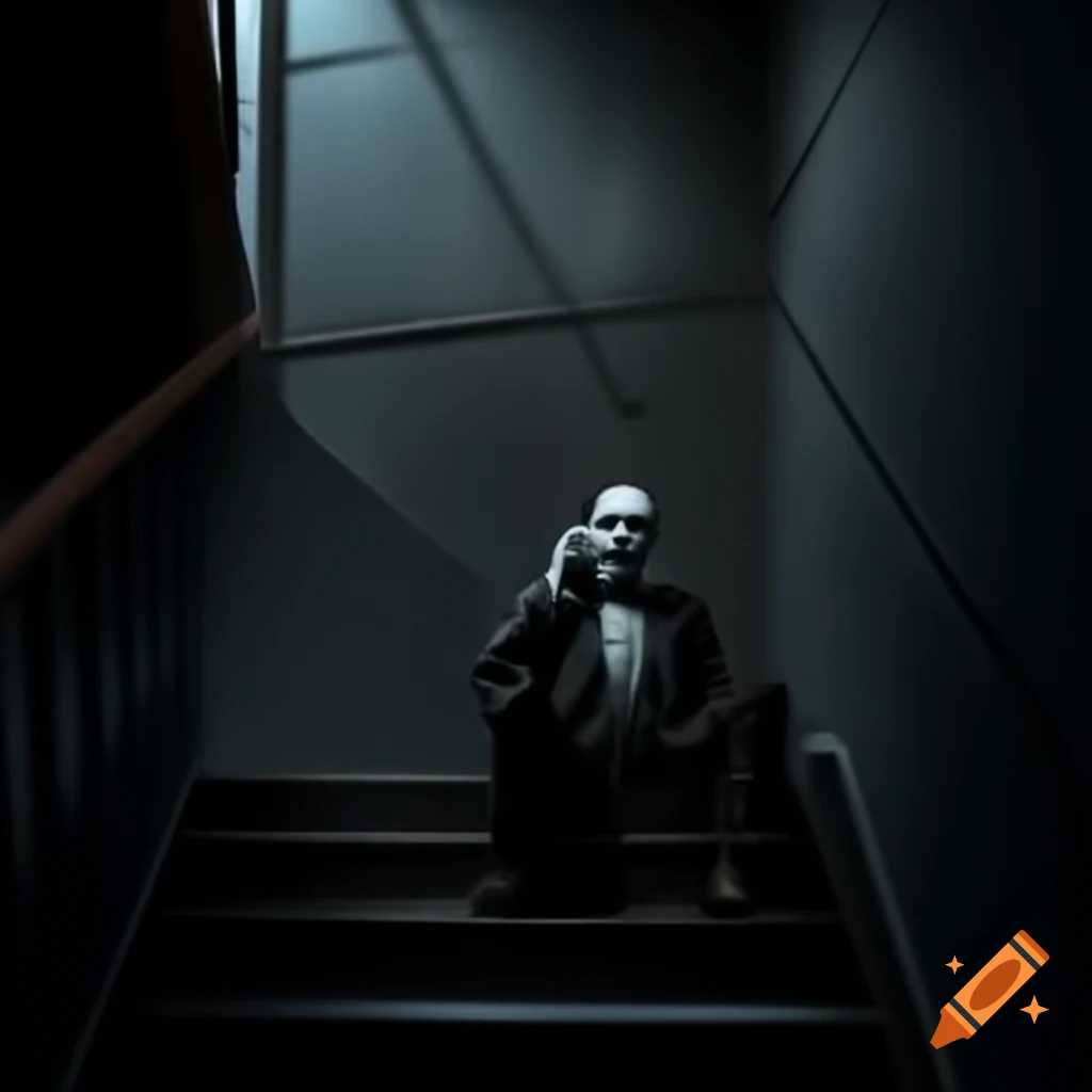 Creepy man using a landline phone at the top of stairs